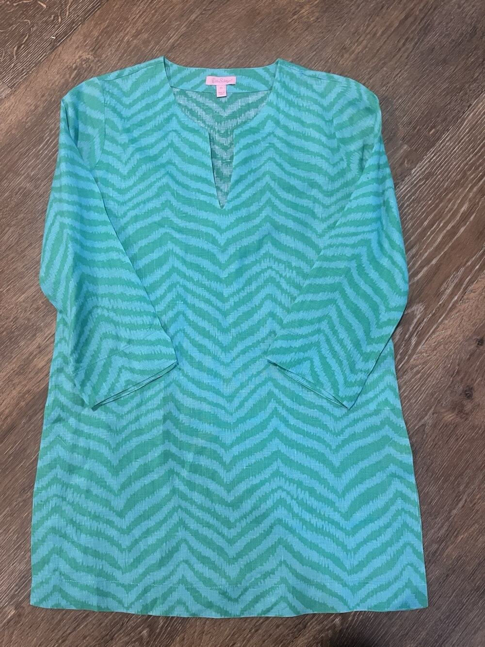 LILLY PULITZER 100% LINEN BLUE GREEN ZEBRA STRIPE MARCO ISLAND TUNIC XS WOMENS